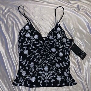 Sean Collection Floral Beaded Top | Size M Black and White Beaded Top